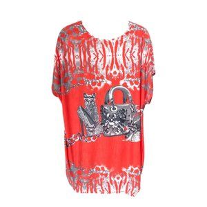 Aronia Bedazzled Top Coral with Grey Handbag, Heels, Hat Designs NWT Sz 2XL #01